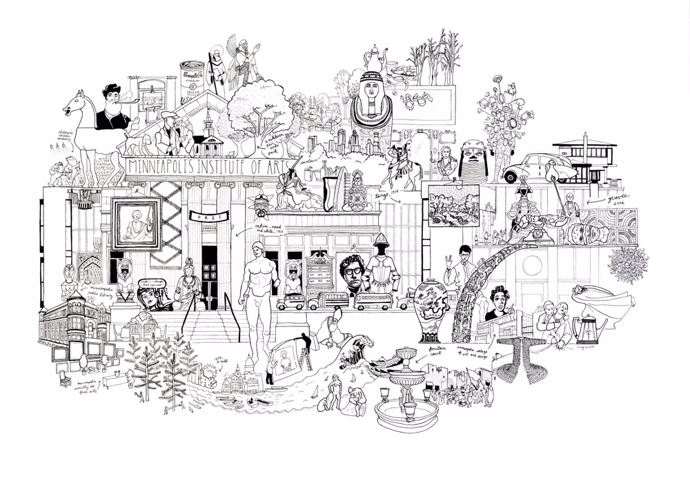 Commemorative drawing celebrating 100 years of Mia